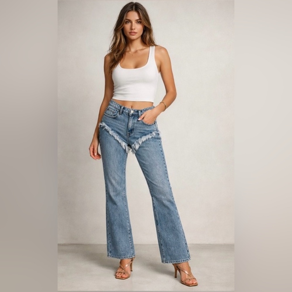 New! SER.O.YA Dahlia Western Frayed Fringe Blue Flare Jeans 🤠💙 size 26 - Picture 2 of 10